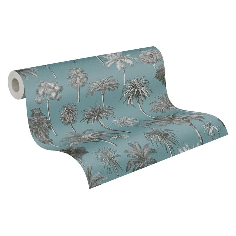Papel pintado palmera petróleo blanco y negro - Papel pintado no tejido tropical vintage ilustrado
