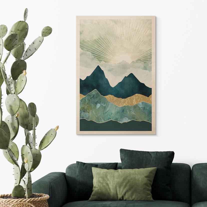Stampa su legno Paesaggio solare in blu e oro - SpaceFrog Designs