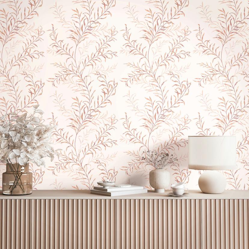 Ikke-vævet tapet blade blomstret natur mat i hvid rosa beige