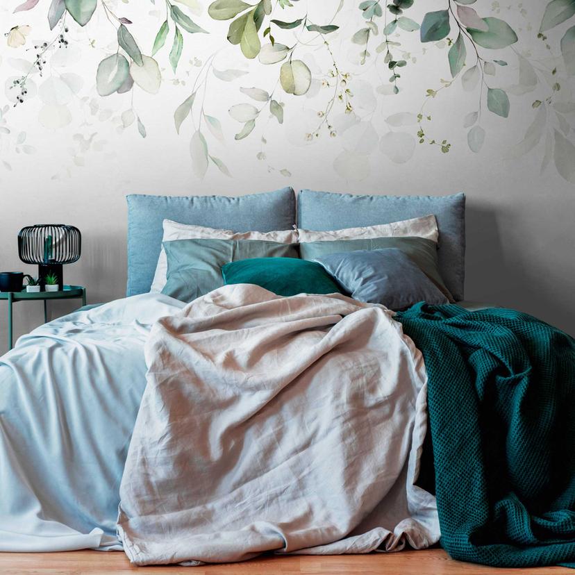 Leaves Green White - non-woven tapet med akvarelmotiv til stue og soveværelse