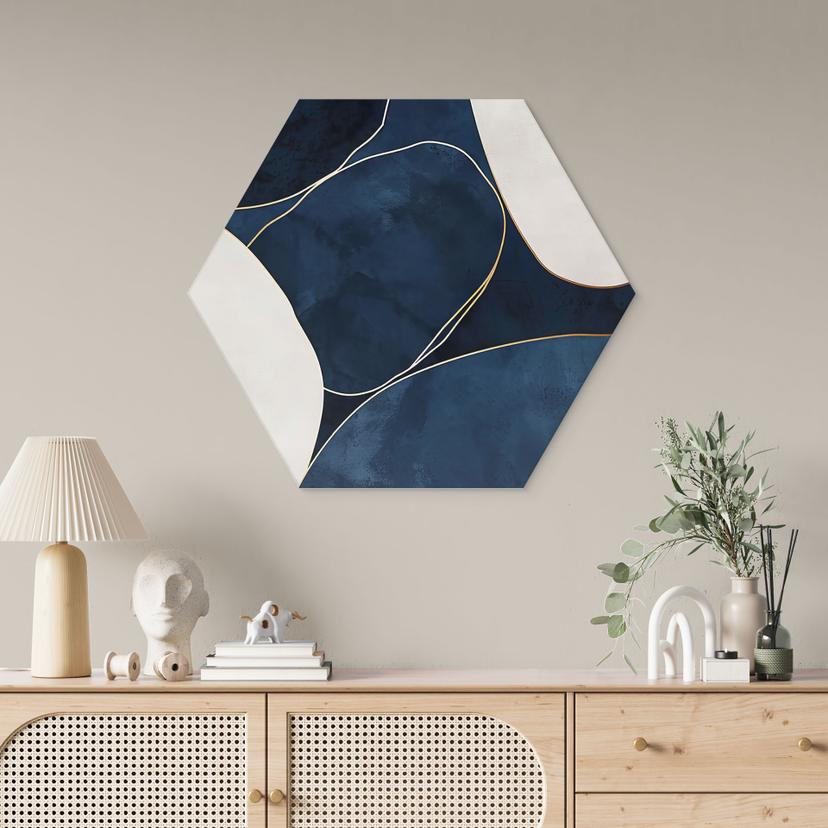 Esagono Alu-Dibond Equilibrio geometrico in blu e bianco - Paksoylu
