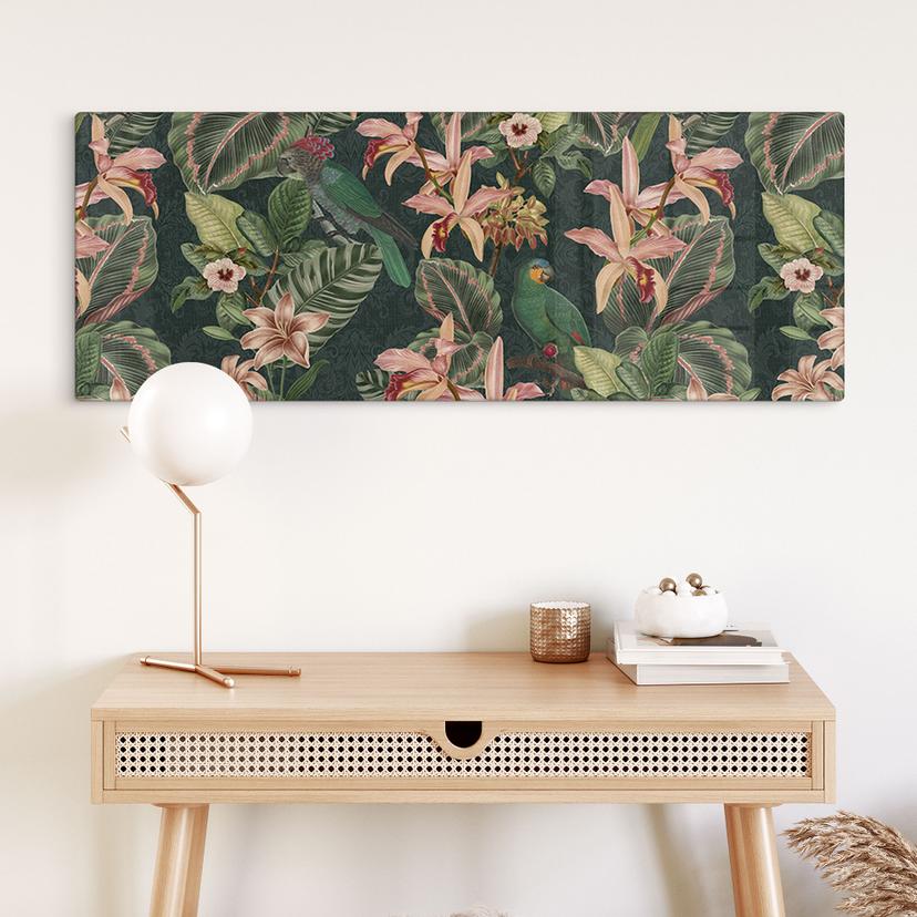 Tableau en verre Jungle avec perroquets Vert nuit - Bloomery Decor - Panorama