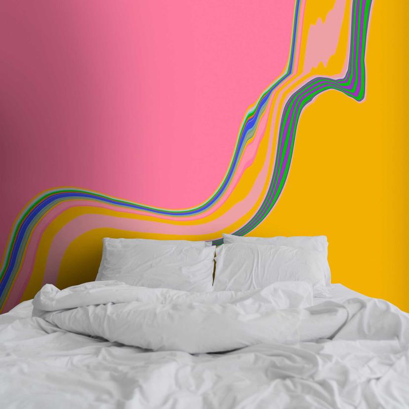 Pop art-tapet med buede linjer i pink og gul - non-woven tapet