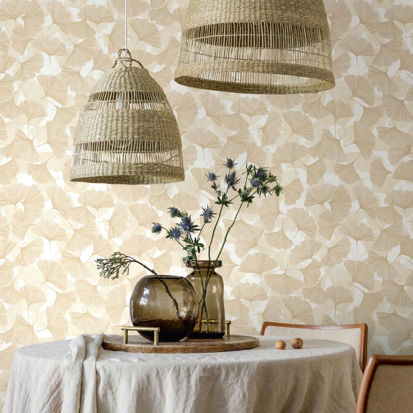 Papel pintado no tejido 3D, hojas naturaleza floral mate en beige