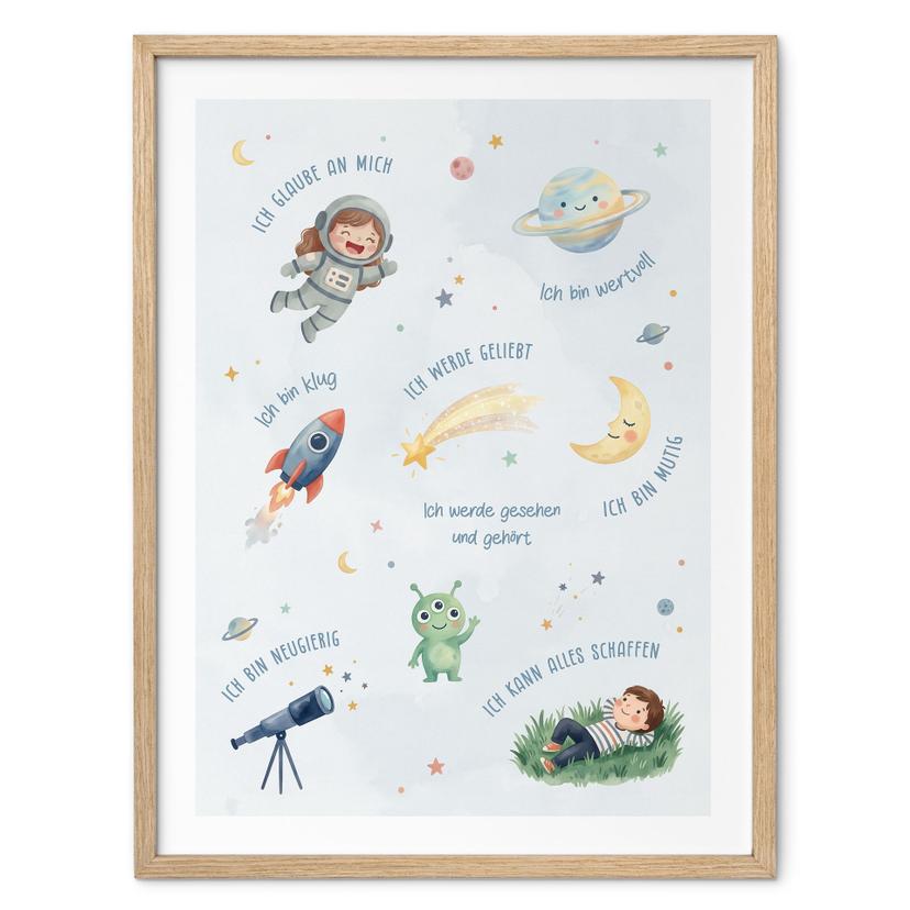 Kinder-Poster - Affirmationen Weltraum mit Rakete und Saturn