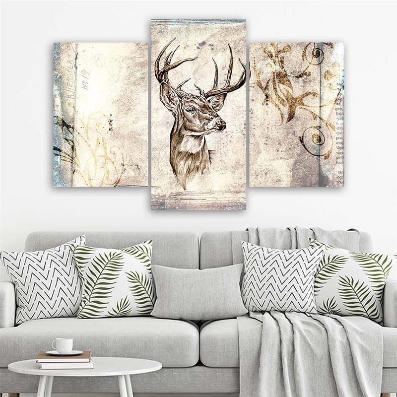 Stampa su tela 3 pezzi cervo animale vintage beige