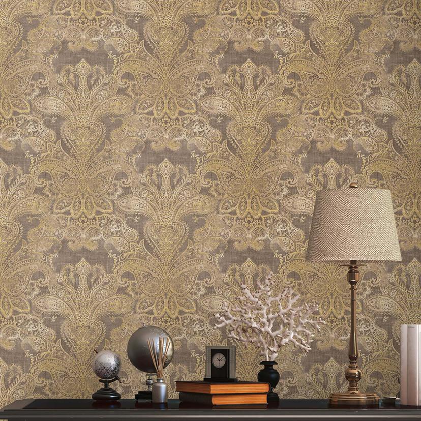 Vintage barok ikke-vævet tapet brun, beige, gul - ikke-vævet tapet med ornamenter