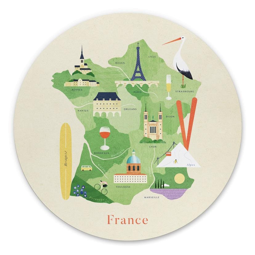 Wandbild Karte von Frankreich - Rivers - Rund - Alu-Dibond