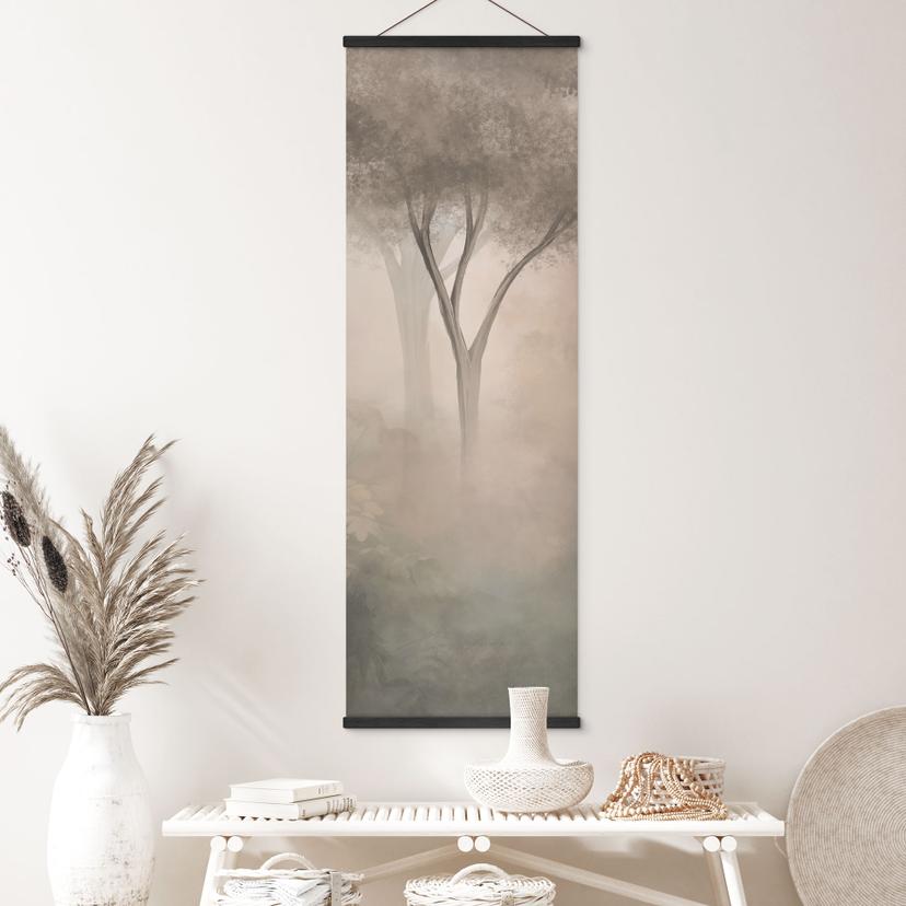 Textielposter Bosmagie in de ochtendnevel Beige - Ms Tiff - Panorama