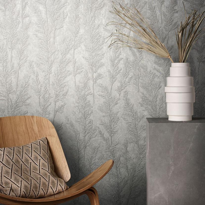 Papier peint floral, intissé Natural Opulence en gris