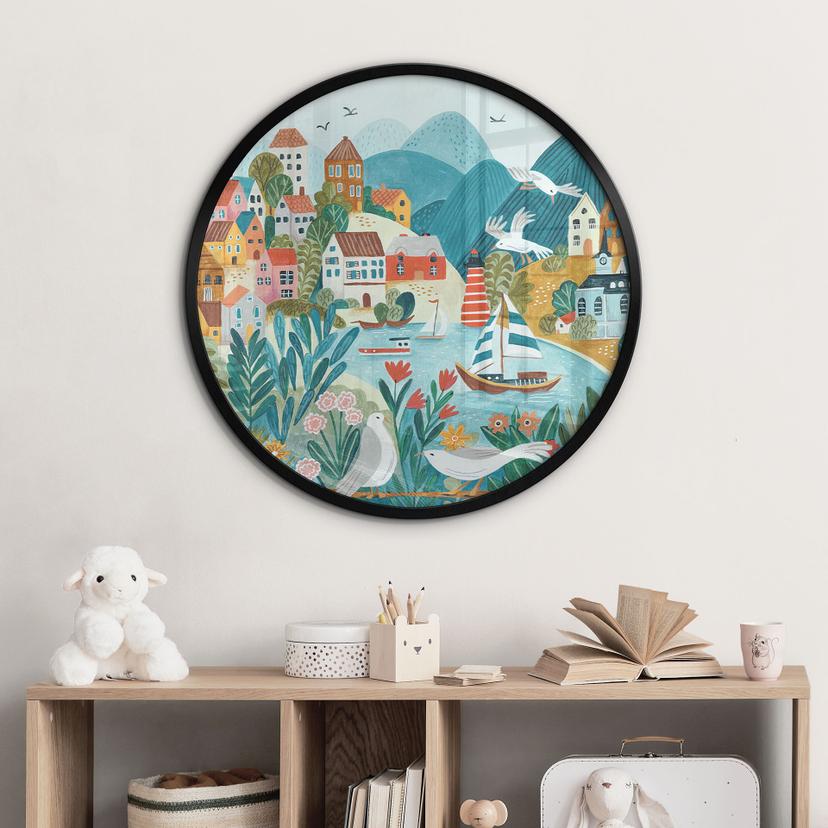 Poster Kleurrijk kustdorp in de zomer - Bonne Müller - Rond