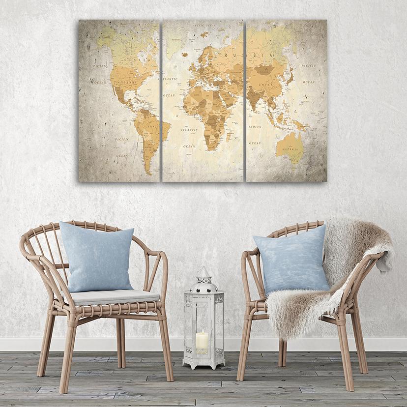 Stampa su tela 3 pezzi Mappa del mondo retrò marrone