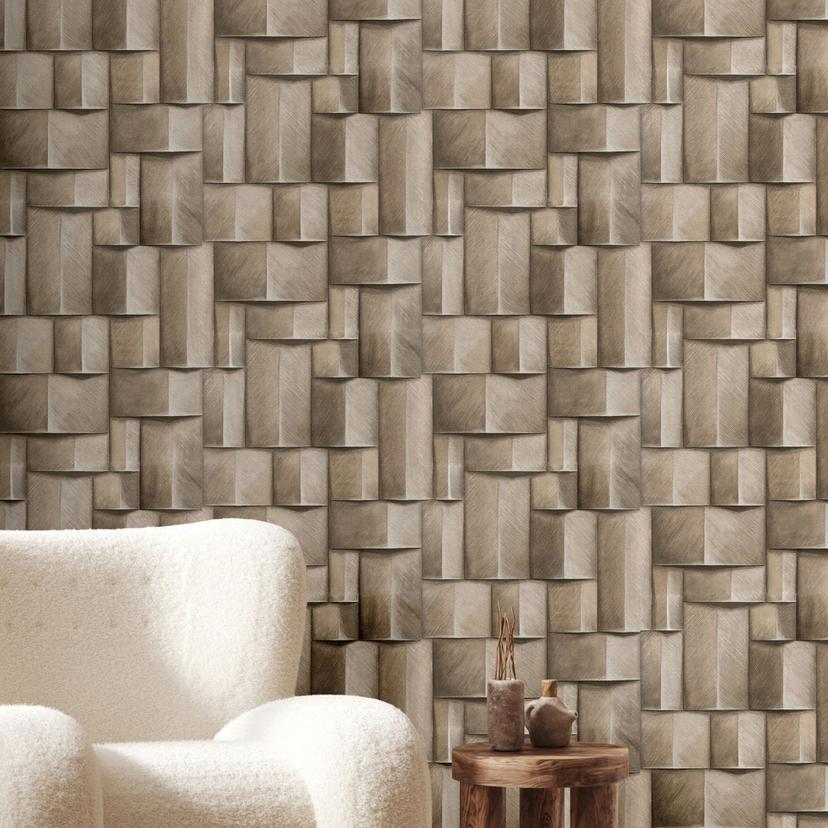Non-woven tapet med træmotiv geometrisk beige, brun 3D-look