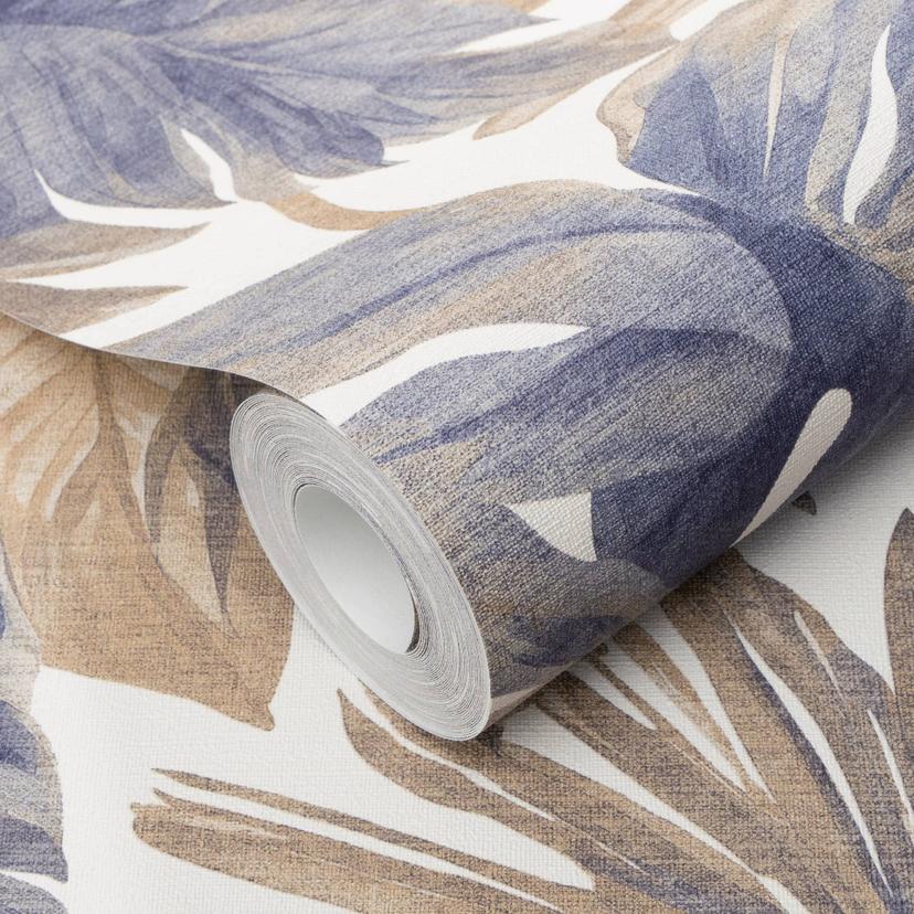 Papel pintado no tejido hojas tropicales en azul beige con monstera look moderno elegante