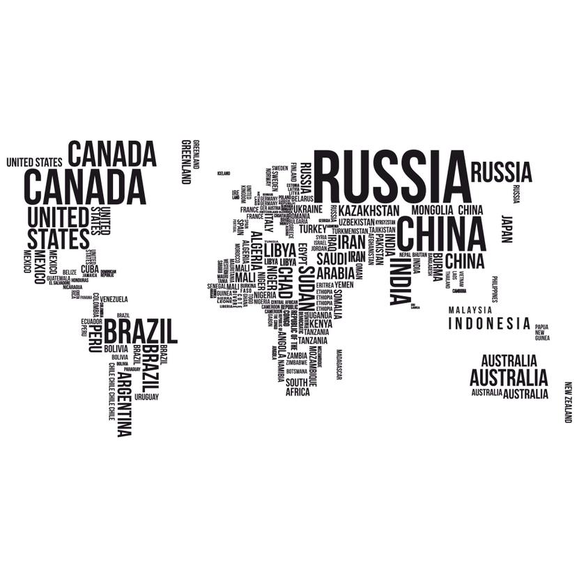 Adesivo murale - mappamondo con gli stati in caratteri tipografici