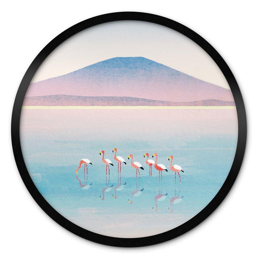 Poster Pastellfärgad sjö med flamingos - Rivers - Rund