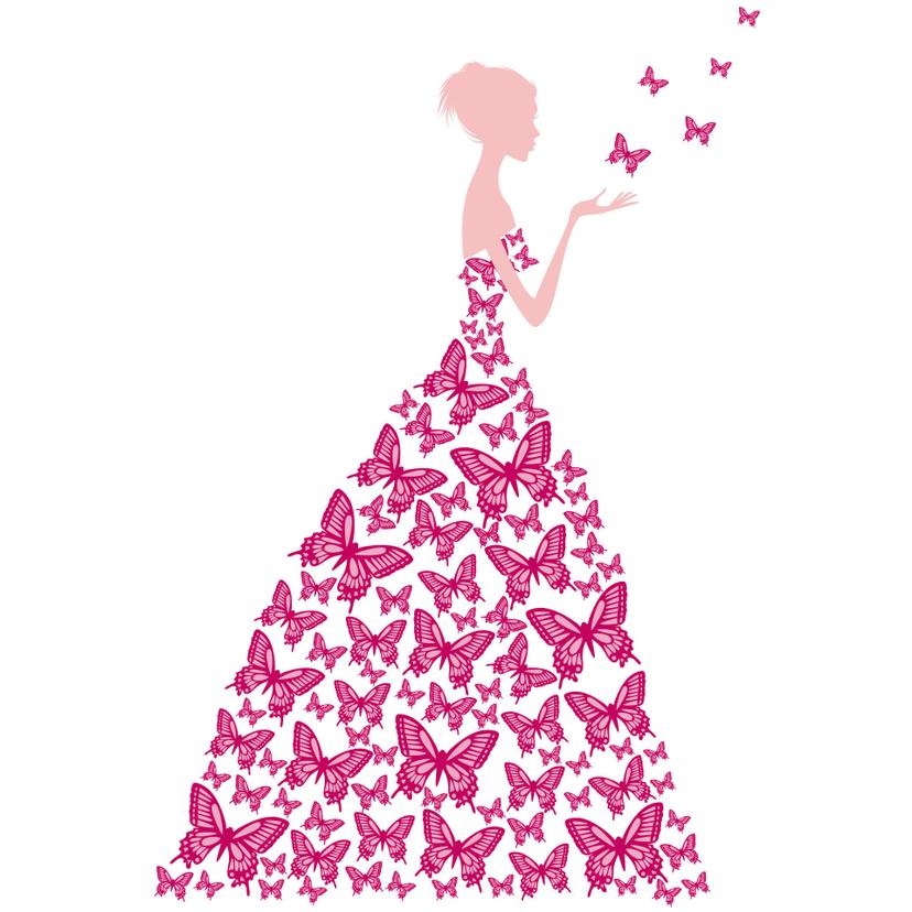 Adesivo murale - Dama con farfalle (rosa)
