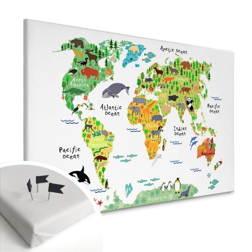 Tableau sur toile avec dos d'épingle - Carte du monde animale