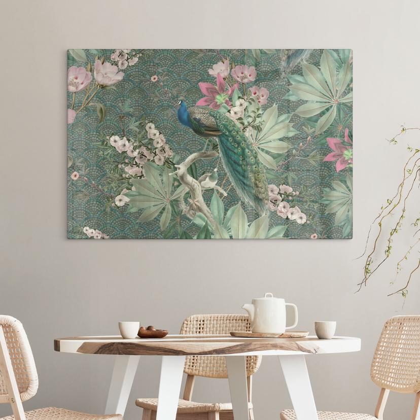 Stampa su vetro Pavone in giardino tropicale su mosaico - Bloomery Decor