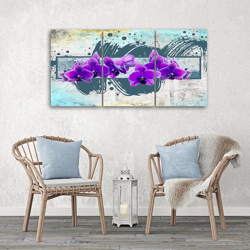 Stampa su tela 3 pezzi, fiori di orchidea viola