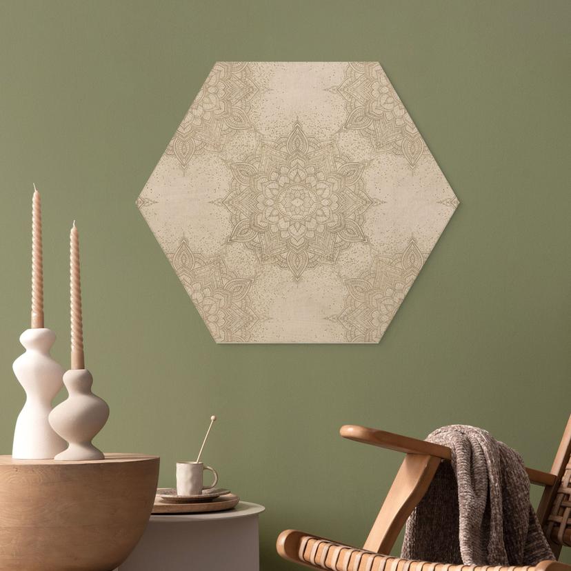 Stampa su legno esagonale Mandala elegante in oro sabbia - Bloomery Decor