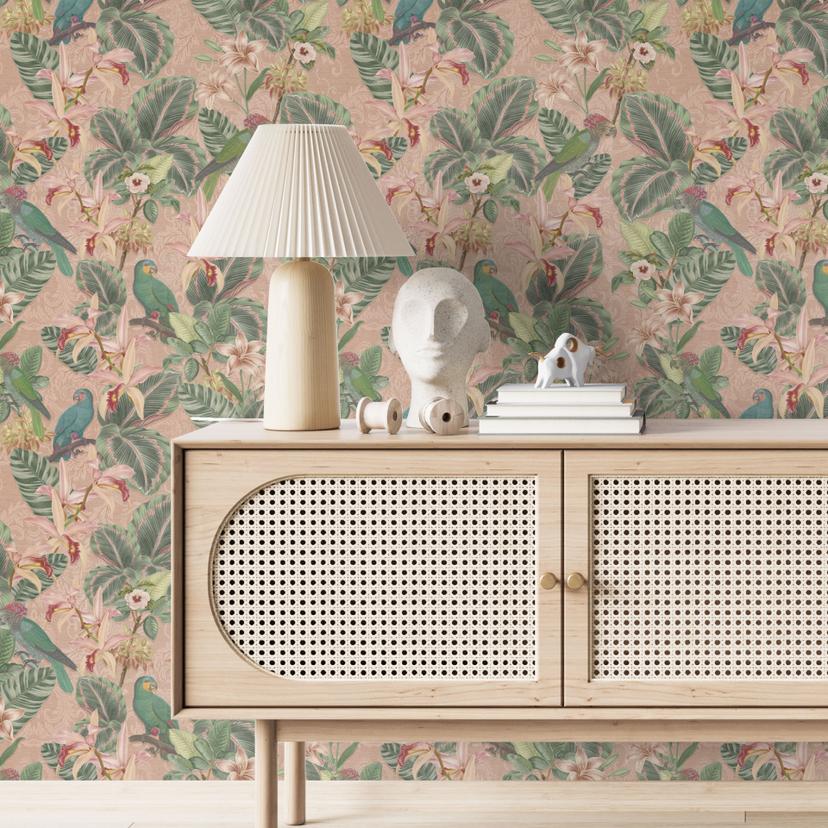 Carta da parati a motivi di giungla - giungla con pappagalli rosa - Bloomery Decor