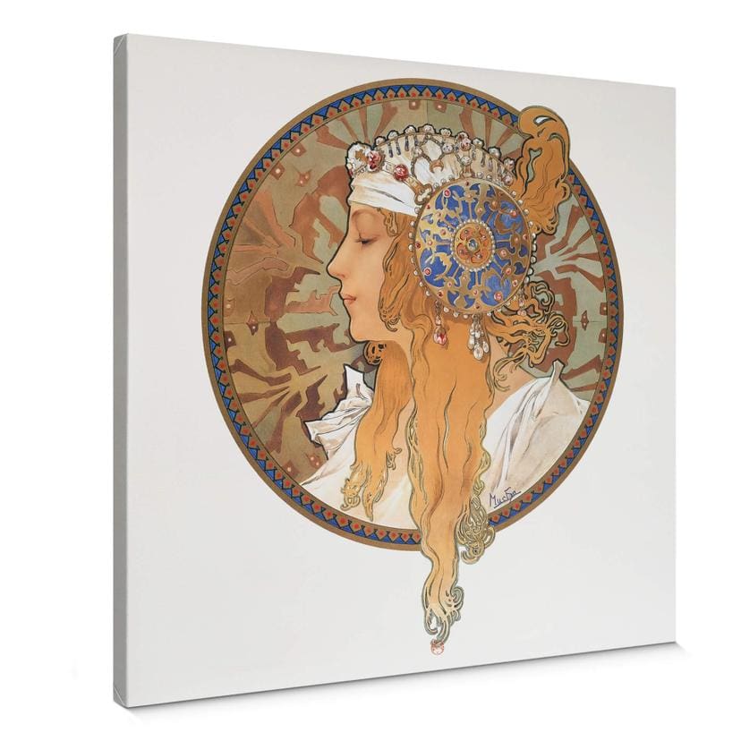 Tableau sur toile Mucha -Médaillon avec le portrait d'une femme blonde