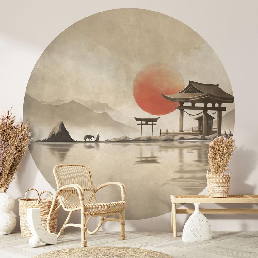 Japansk tempel ved solopgang Fototapet - Roze - Round - vliesetapet/selvklæbende non-woven tapet