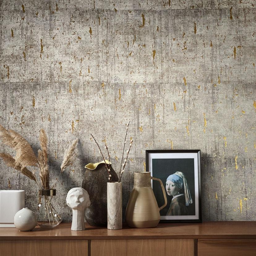 Ikke-vævet tapet med blankt betonlook grå, beige struktur