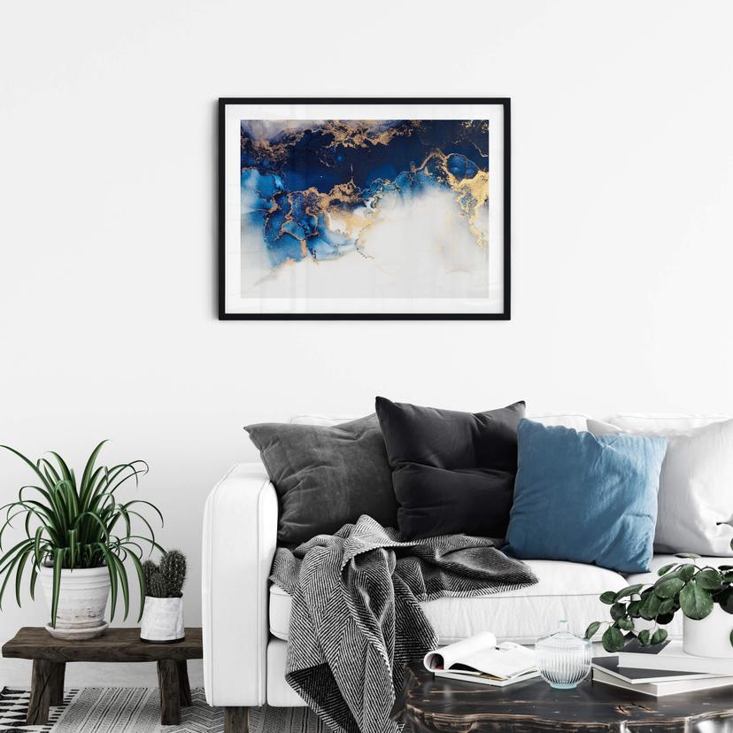 Póster abstracto de mármol con efecto azul y dorado