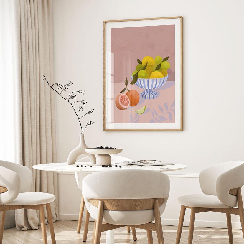 Poster agrumi in una ciotola, natura morta, motivo frutta per la cucina - Goed Blauw