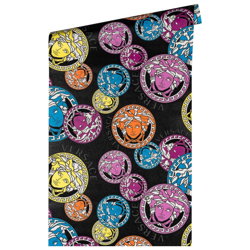 Carta da parati Versace in tessuto non tessuto colorato e nero con design testa di medusa