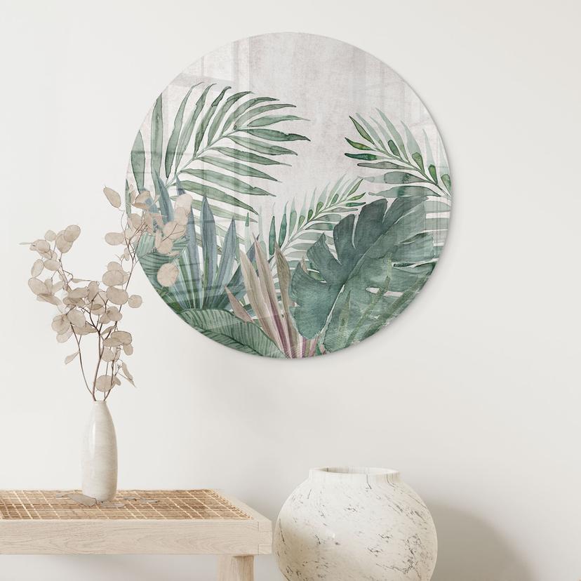 Stampa su vetro Foglie di giungla verde acquerello - Decorazione floreale - Rotondo