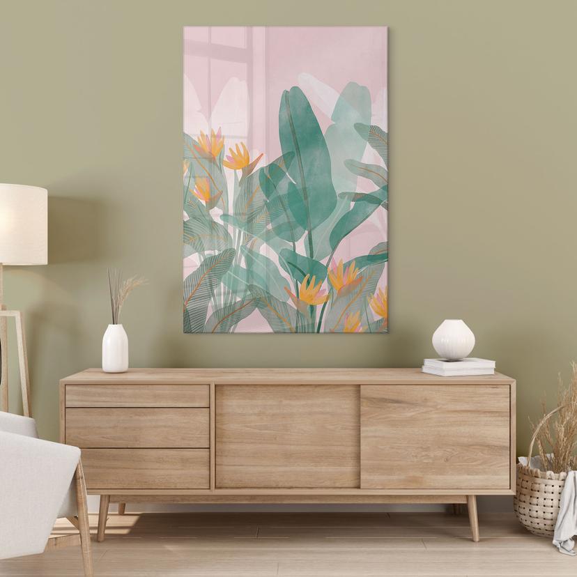 Stampa su vetro acrilico Illustrazione botanica in verde e rosa - Goed Blauw