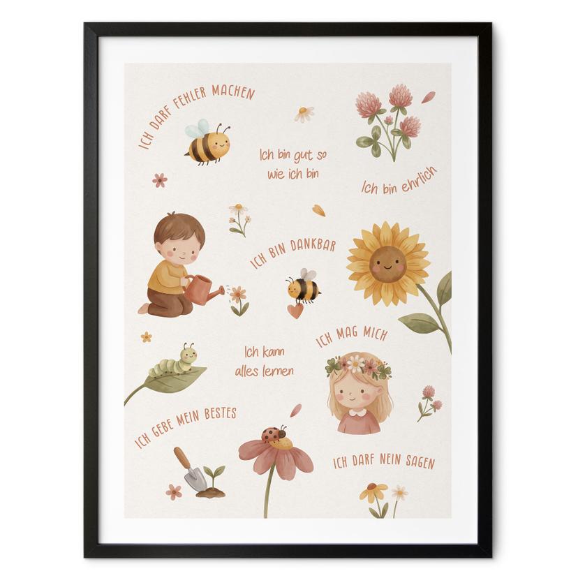 Kinder-Poster - Affirmationen Blumen mit Biene und Marienkäfer