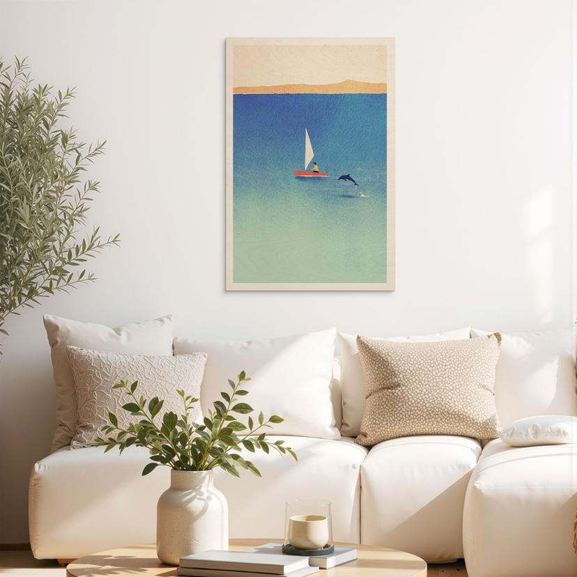 Stampa su legno Vela con un delfino in mare - Rivers