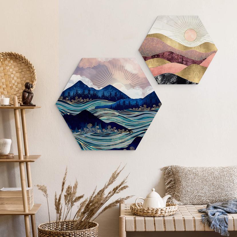 Hexagon Wandbild SpaceFrog Designs - Rosa Sonne - Alu-Dibond