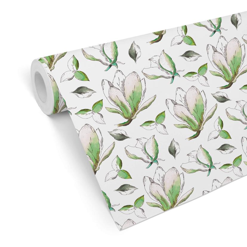 Tapet med mønster - illustrerede blomster - grøn