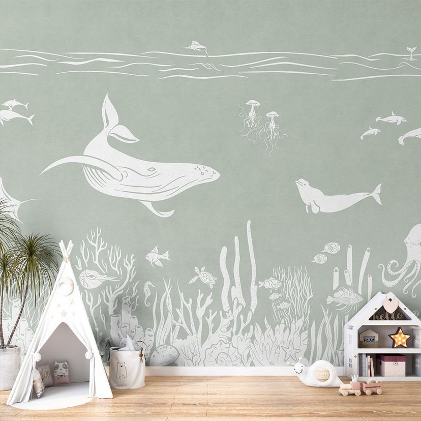 Papier peint Récif de corail et animaux marins - Un voyage au vert - Kikki Belle