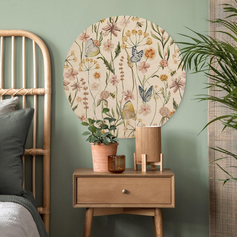 Holzbild Frühlingswiese mit Schmetterlingen - UN Designs - Rund