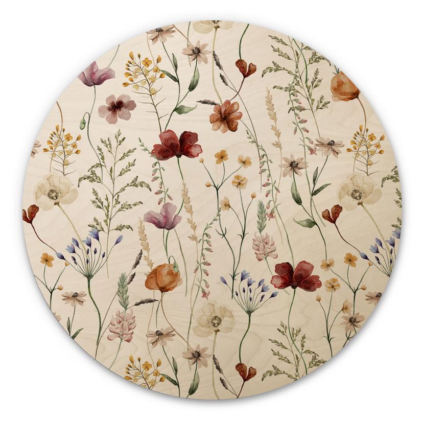 Væg cirkel træ Farverige vilde blomster - UN Designs