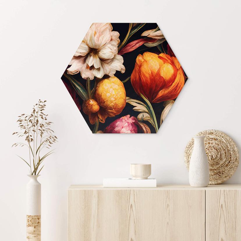 Esagono Alu-Dibond Treechild - I calici dei fiori sono di colore ocra e rosa