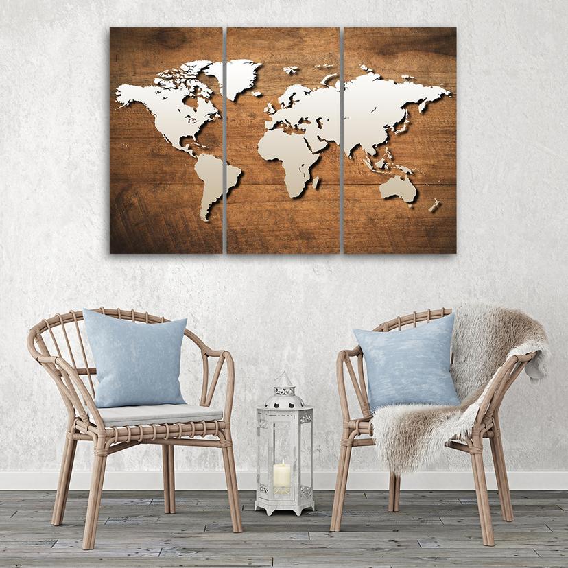 Stampa su tela 3 pezzi Mappa del mondo vintage marrone