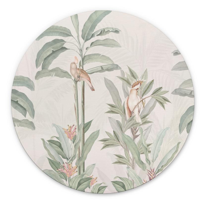Tropisk skov med kakaduer - Bloomery Decor - rund – print på aluminium (Alu-Dibond)