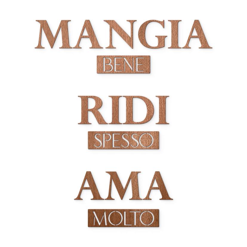 Scritta in legno - Mangia bene, Ridi spesso, Ama