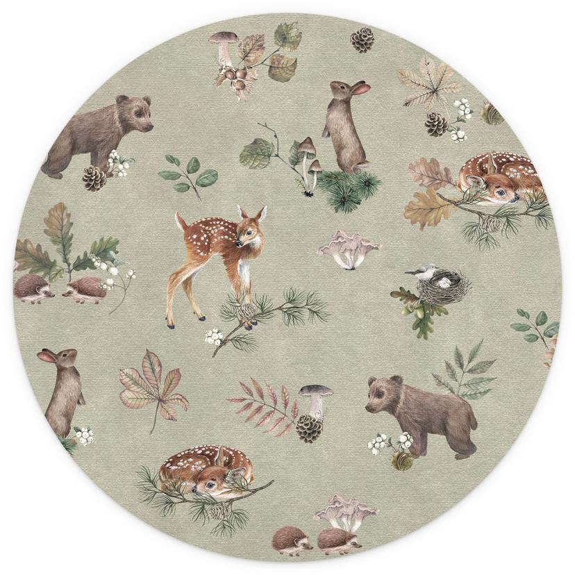 Fototapet med fawn- och skogsvänner - djur för barn - grön - Kikki Belle - Rund - non-woven tapet/sj