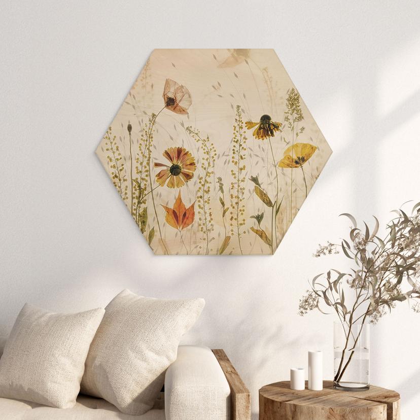 Quadro in legno esagonale Fiori di campo alla luce del sole - Talen