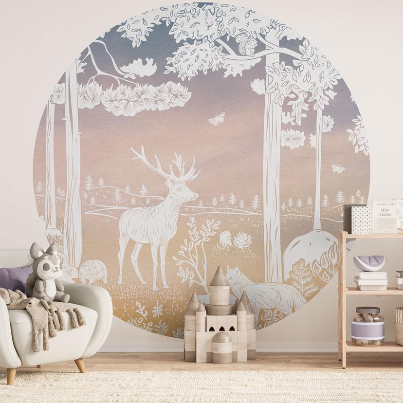 Papier peint photo Forêt paisible avec cerfs et renards - Ombre - Kikki Belle - Rond - papier peint
