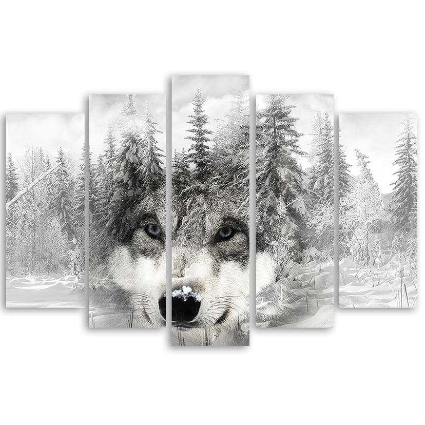 Stampa su tela 5 pezzi, Wolf Forest Nature Grey
