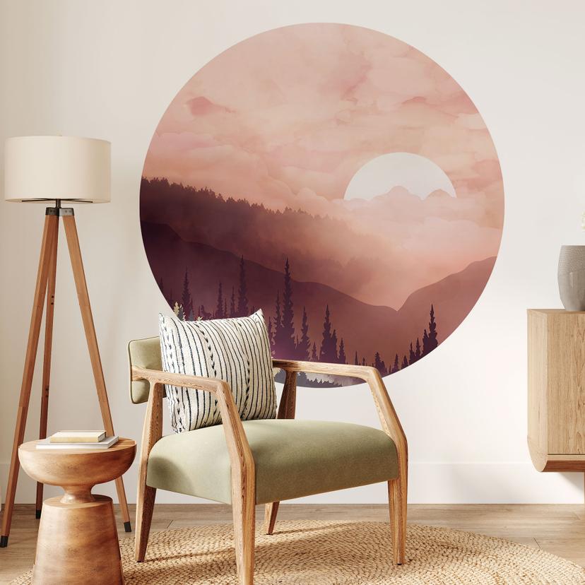 Muursticker Roze Zonsondergang boven het Bos - SpaceFrog Designs - Rond
